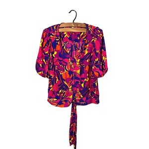 Rose+Olive Womens Blouse Top V-Neck Waist 3/4 Sleeve Leaf Pattern‎ Pink M